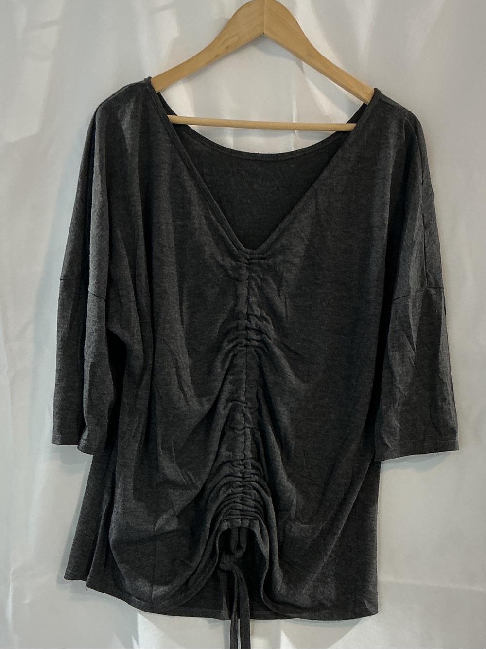 Women's Charcoal Ruched V-Neck Tunic with Drawstring